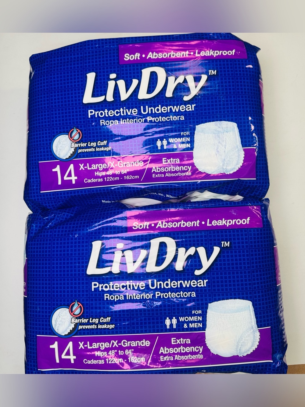 LivDry Protective Underwear XL Extra Absorbency 48-64” Unisex 28 Count 2 Packs